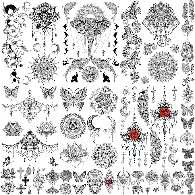 28 Sheets Tribal Black Temporary Tattoos For Women Girls, Waterproof Fake Tattoos Temporary Elephant Ganesha Lace Tattoo Kits, Lotus Mandala Flower Tatoo Sticker Moon Neck Chest Arm Butterfly