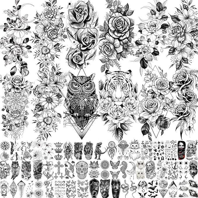 69 Sheets Realistic Peony Rose Flower Temporary Tattoos For Women Girls Arm Thigh, Owl Tiger Floral Waterproof Long Lasting Temp Fake Tattoos For Women, Small Black Tattoo Stickers Kids Finger