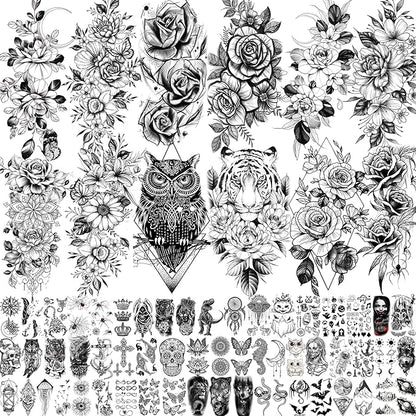 69 Sheets Realistic Peony Rose Flower Temporary Tattoos For Women Girls Arm Thigh, Owl Tiger Floral Waterproof Long Lasting Temp Fake Tattoos For Women, Small Black Tattoo Stickers Kids Finger