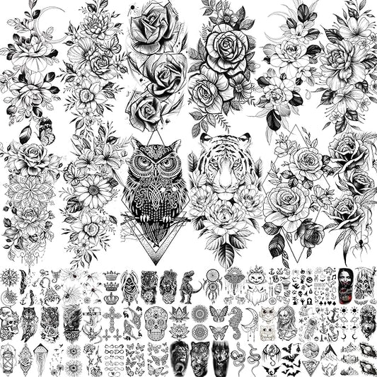 69 Sheets Realistic Peony Rose Flower Temporary Tattoos For Women Girls Arm Thigh, Owl Tiger Floral Waterproof Long Lasting Temp Fake Tattoos For Women, Small Black Tattoo Stickers Kids Finger