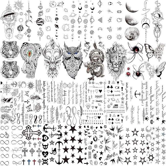 66 Sheets 430+ PCS Cute Temporary Tattoos For Women Men Adults, Watercolor Butterfly Flower Lavender Fake Tattoo Stickers Kids Boys Girls, Black Star Animals Space Temp Tattoos Dragon Wolf Lion