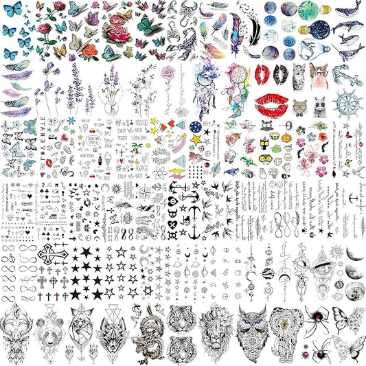 66 Sheets 430+ PCS Cute Temporary Tattoos For Women Men Adults, Watercolor Butterfly Flower Lavender Fake Tattoo Stickers Kids Boys Girls, Black Star Animals Space Temp Tattoos Dragon Wolf Lion