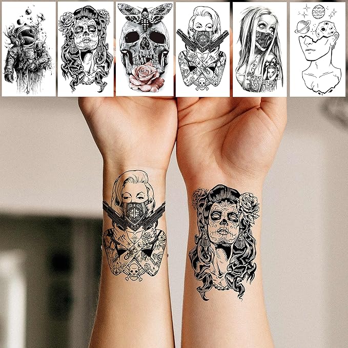 52 Sheets Black Skull Temporary Tattoos For Men Women Arm Neck Tatoos, 3D Realistic Small Rose Flowers Fake Tattoos Temporary, Waterproof Mountain Snake Lion Tiger Temp Tattoo Sticker Adults