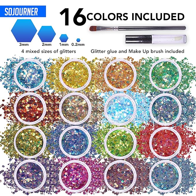 Fairy Tears Chunky Holographic Body Glitter I 16 Colors + Glitter Glue for Face Glitter Makeup, Hair, Eye & Fine Glitter Eyeshadow - Perfect for Halloween, Resin, Tumblers, Craft, Cosmetic & Nail Art