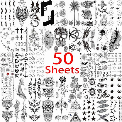 50 Sheets Black Temporary Tattoos For Men Adults Ealge Dragon Lion Wolf Animals For Women Neck Arm Thigh, Fake Small Skull Tattoo Sticker For Kids Children Boys Girls Tatoos