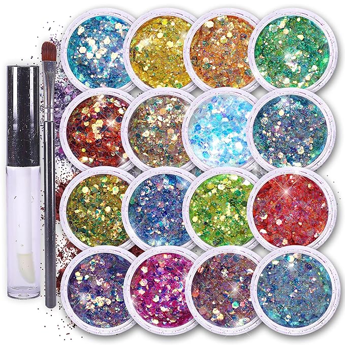 Fairy Tears Chunky Holographic Body Glitter I 16 Colors + Glitter Glue for Face Glitter Makeup, Hair, Eye & Fine Glitter Eyeshadow - Perfect for Halloween, Resin, Tumblers, Craft, Cosmetic & Nail Art