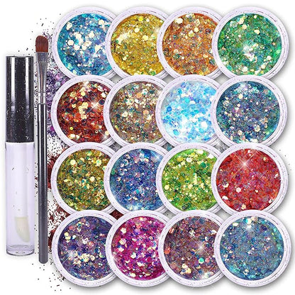 Fairy Tears Chunky Holographic Body Glitter I 16 Colors + Glitter Glue for Face Glitter Makeup, Hair, Eye & Fine Glitter Eyeshadow - Perfect for Halloween, Resin, Tumblers, Craft, Cosmetic & Nail Art