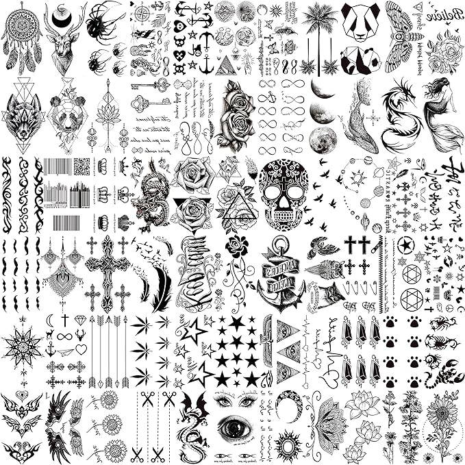 66 Sheets 3D Small Black Temporary Tattoos For Women Men Waterproof Fake Tattoo Stickers For Face Neck Arm Children Flower Birds Star Realistic Tatoo Kits For Boy Girls Adults