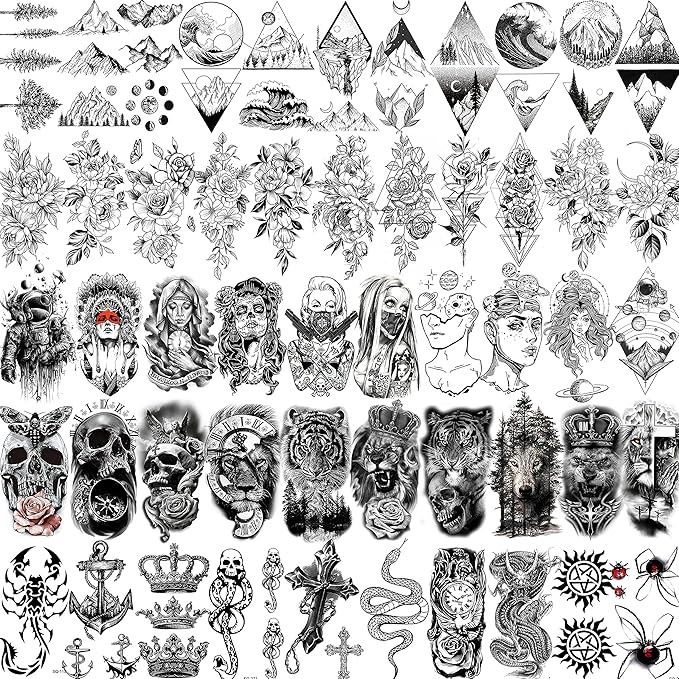 52 Sheets Black Skull Temporary Tattoos For Men Women Arm Neck Tatoos, 3D Realistic Small Rose Flowers Fake Tattoos Temporary, Waterproof Mountain Snake Lion Tiger Temp Tattoo Sticker Adults