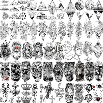 52 Sheets Black Skull Temporary Tattoos For Men Women Arm Neck Tatoos, 3D Realistic Small Rose Flowers Fake Tattoos Temporary, Waterproof Mountain Snake Lion Tiger Temp Tattoo Sticker Adults