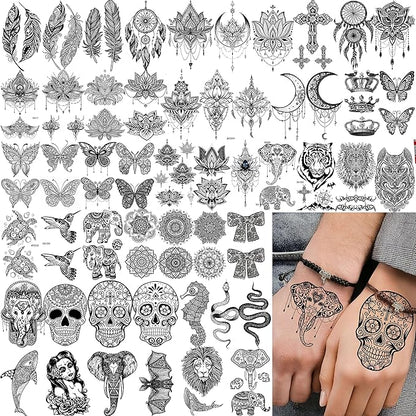 64 Sheets Tribal Vintage Black Lotus Temporary Tattoos for Women Girls, Bohemia Mandala Flower Fake Sleeve Tattoos for Adults Owl Moon